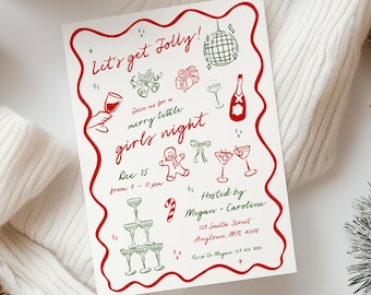 Whimsical Holiday Girls Party Invite, Merry Girls Night Christmas Party Invitation Template, Editable, 229-A