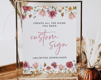Printable Wedding Signage, Floral Reception Sign, Custom Wedding Sign Wildflower Table Top Sign with Flowers, Editable Sign Template, 595-A