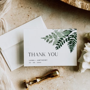Moderne botanische bearbeitbare Dankeskarten, druckbare Minimal Farn Laub Danke, DIY Vorlage Minimalist Grün Sofort Download 586-A