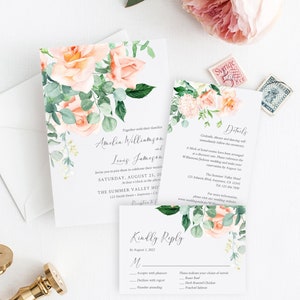 Pfirsich Greenery Floral bearbeitbare Hochzeitseinladung, Pfirsich Eukalyptus Antwortkarte Details, Pfirsich druckbare Vorlage, sofortiger Download, 551-A