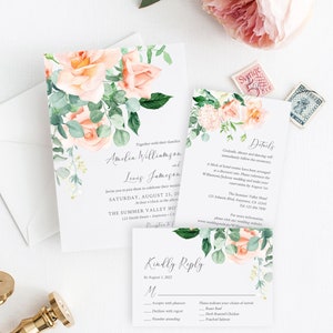 Peach Greenery Floral Editable Wedding Invitation Suite, Peach Eucalyptus RSVP Details, Peach Printable Template, Instant Download, 551-A image 1