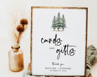 Editable Rustic Woodland Cards Gifts Sign, Printable Minimal Gift Table Sign, Pine Wedding Shower Sign, Template, Instant Download, 588-A