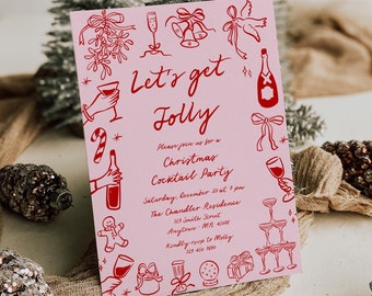 Hand Drawn Holiday Drinks Party Invite Template, Doodle Christmas Cocktail Party Invitation, Editable Whimsical Hand Drawn Invite Fun 222-B