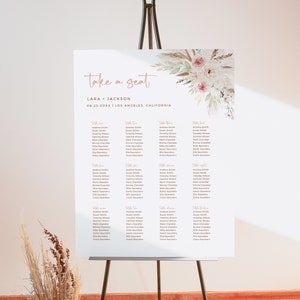 Gráfico de assentos para casamento Boho, Gráfico de assentos Dusty Rose, Gráfico de assentos de grama de pampas, Plano de mesa Boho, Modelo editável de flores secas, 593-A