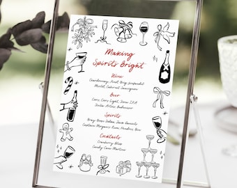 Quirky Xmas Cocktail Bar Menu Template, Hand Drawn Christmas Bar Menu Doodle Holiday Drinks Menu, Printable Illustration Menu Editable 222-A
