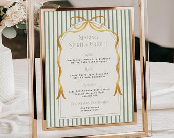 Holiday Drinks Sign, Green Stripe Christmas Bar Menu Template, Xmas Party Menu, Editable 226-B