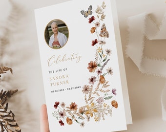 Foldable Memorial Service Program Printable, Wildflower Funeral Booklet Program, Celebration of Life Program Editable Program Template 513-A