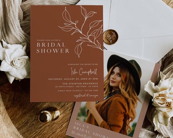 Printable Terracotta Bridal Shower Photo Invitation, Minimal Botanical Shower Invite, Editable Elegant Boho Template, Instant Download 589-B