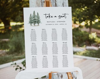 Editable Rustic Pine Seating Chart, Printable Modern Woodland Table Plan, Forest Green 18 x 24 24 x 36, A1 A2, Template Inst Download 588-A