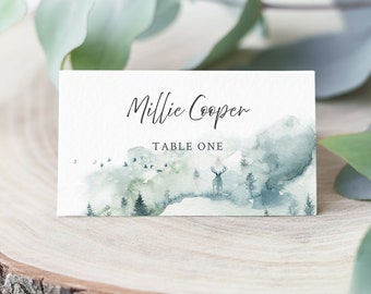 Stag Deer Outdoors Seating Card Wedding Place Card Template Name Card Printable, Forest Editable Place Cards Woodland Name Card Rustic 570-A