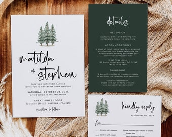 Editable Pine Modern Wedding Invitation Suite, Printable Rustic Forest Photo Invite, Woodland RSVP Details Template, Instant Download 588-A