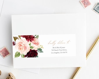 Editable Burgundy Rose Gold Wrap Around Address Label Template, Printable Blush Envelope Address Label, DIY Addresses Instant Download 575-A