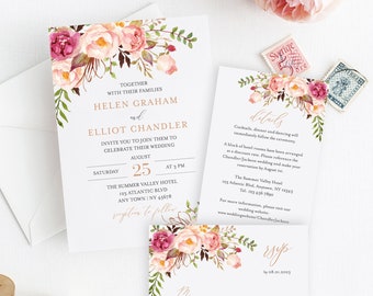 Editable Rose Gold Boho Wedding Invitation Suite, Pink Floral RSVP Details Printable Template, Blush Boho, Instant Download, Templett 516-A