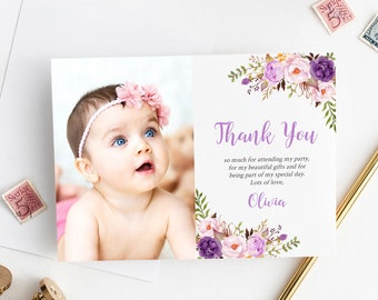 Purple Boho Photo Thank You Card, Printable Editable Floral Thank You Template Baptism Birthday Baby Shower Thank You Instant Download 314-W