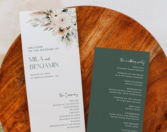 Editable Sage Green Modern Pampas Grass Printable Program, Boho Wedding Program, Bohemian Beige Template, Dried Flowers, Download, 591-A