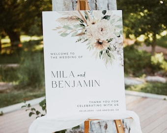Printable Sage Green Boho Wedding Welcome Sign, Editable Pampas Grass Custom Template, Modern Signage, Dried Flower 5 Sizes, Download 591-A