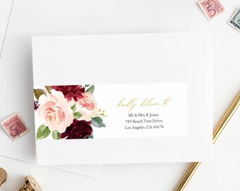 Burgundy Blush Editable Wrap Around Address Label Template, Floral Printable Envelope Address Label, DIY Addresses, Instant Download 574-A