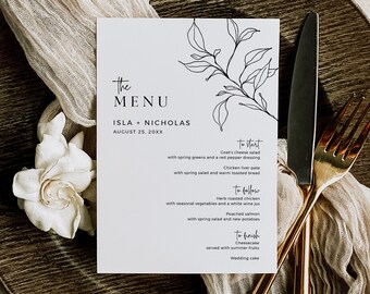 Modern Botanical Wedding Menu, Editable Elegant Table Menu, Printable Minimal DIY Template Line Art Leaves Bridal Shower Menu Download 589-A