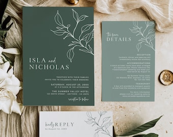 Minimal Wedding Invitation Suite QR Code RSVP, Sage Botanical Wedding Invitation Photo, Modern Details Editable Invite Template Bundle 589-C