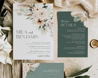 Sage Green Invite Set, Boho Wedding Invitation Suite, Pampas Grass Photo Invite, Bohemian Printable, RSVP Details, Editable Template, 591-A