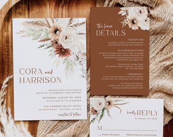 Boho Terracotta Wedding Invitation Set QR Code RSVP, Pampas Grass Invite Bundle, Boho Printable, Editable Boho Wedding Invite Template 590-A