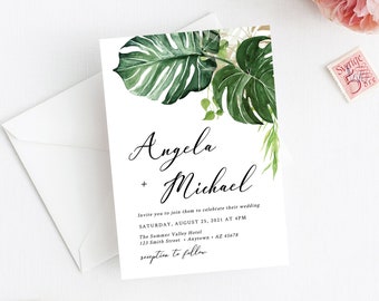 Printable Tropical Greenery Gold Wedding Invitation, Editable Monstera Wedding Invite Tropical Foliage Palms Template Instant Download 550-A