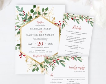 Editable Winter Red Berry Wedding Invitation Suite, Printable Christmas RSVP Details, Template Greenery Gold Instant Download Templett 585-A