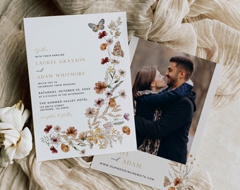 Fall Boho Wedding Invite Wildflower Wedding Invitation Autumn Pressed Flower Invite with Photo Editable Invitation Template 513-A