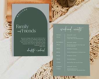 Arch Wedding Timeline Sage, Arched Wedding Weekend Itinerary Sage, Modern Welcome Bag Letter, Boho Editable Order of Events Template, 502-A