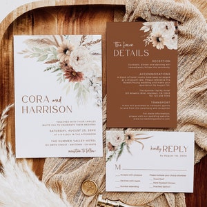 Conjunto de invitaciones de boda de terracota bohemia con código QR RSVP, paquete de invitaciones de hierba de la pampa, plantilla de invitación de boda bohemia editable e imprimible 590-A