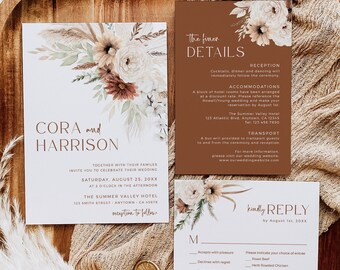 Boho Terracotta Wedding Invitation Set QR Code RSVP, Pampas Grass Invite Bundle, Boho Printable, Editable Boho Wedding Invite Template 590-A