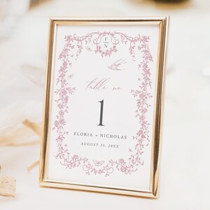 Número de mesa de boda en toile rosa empolvado, plantilla imprimible de número de mesa chinoiserie, tarjeta de mesa de boda con flores francesas, vintage editable 523-B
