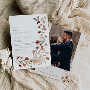 Fall Wildflower Wedding Invitation, Boho Wedding Invite, Autumn Pressed Flower Invite with Photo, Rust, Editable Invitation Template 513-A