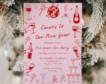 Hand Drawn NYE Invite Template, Doodle New Years Eve Party Invitation Editable Whimsical Cheers to 2025 Invitation, Pink Scribbles Fun 222-B