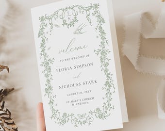 Sage Green Chinoiserie Wedding Booklet Program Template, Foldable Order of Service, Toile, Editable 523-C