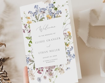 Printable Wild Flower Program Template, Editable Order of the Day Wildflower Wedding Booklet Program Foldable Floral Ceremony Program, 504-A