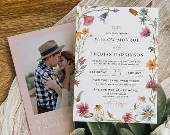 Garden Wedding Invitation Template, Wildflower Wedding Invitation, Spring Floral Wedding Invite, Blush Boho Wedding Invite, Editable 595-A