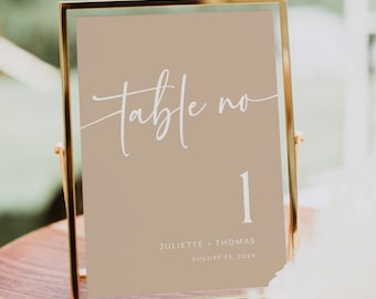 Modern Table Card, Printable Reception Table Card, Taupe Table Number, Boho Wedding Table Number, Minimalist Neutral Editable Template 594-C