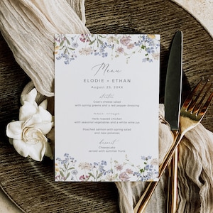 Menu di fiori di campo, Menu di nozze di fiori di campo, Menu da tavolo Boho, Menu di fiori di prato, Menu stampabile, Modello di menu per addio al nubilato, Modificabile, 504-A