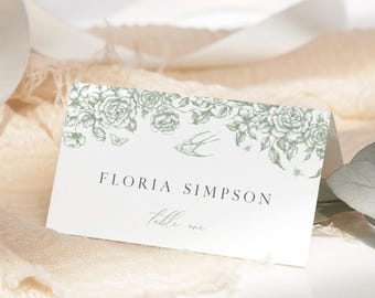 Sage Green Chinoiserie Name Card, French Floral Wedding Place Card Toile de Jouy Place Card, Vintage Table Name Card Editable Template 523-C