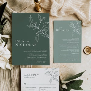 Sage Botanical Wedding Invitation Suite Código QR RSVP, Foto de invitación de boda mínima, Detalles modernos Paquete de plantilla de invitación editable 589-C