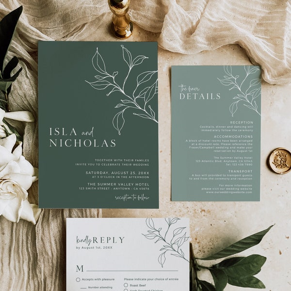 Sage Botanical Wedding Invitation Suite QR Code RSVP, Minimal Wedding Invitation Photo, Modern Details Editable Invite Template Bundle 589-C