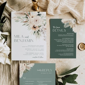 Suite di inviti di nozze Boho, set di inviti verde salvia, invito fotografico erba di Pampas, stampabile Boho, dettagli RSVP, modello modificabile, 591-A