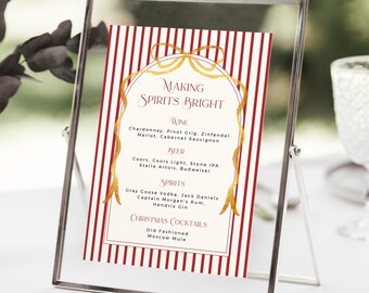 Holiday Drinks Sign, Red Stripe Christmas Bar Menu Template, Xmas Party Menu, Editable 226-A