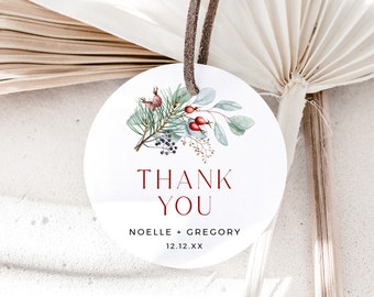 Christmas Wedding Favor Tag, Winter Wedding Round Tag Printable Round Favor Label, Eucalyptus Tag, Pine Foliage, Editable Tag Template 515-A