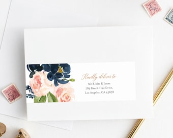 Rose Gold Floral Editable Wrap Around Address Label Template, Navy Printable Envelope Address Label, DIY Addresses Instant Download 542-A