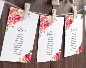 Editable Fuchsia Peonies Seating Chart Template, Coral Blush Green Hanging Table Cards, Floral Table Seating Plan, Instant Download, 571-A