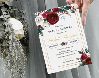 Editable Cranberry Gold Floral Bridal Shower Invitation, Christmas Invite DIY Template, Printable, Winter, Instant Download, 543-A