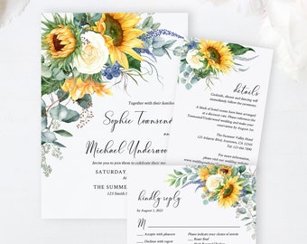 Sonnenblume bearbeitbare Hochzeitseinladungs-Reihe, gelbe Blumen RSVP Details, Creme Rose, druckbare Eukalyptusvorlage, Sofortiger Download 565-A