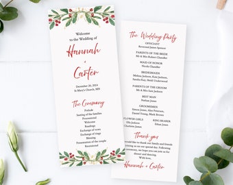 Editable Winter Red Berry Gold Program, Printable Greenery Wedding Program, Winter Christmas Program Template, Inst Download Templett 585-A